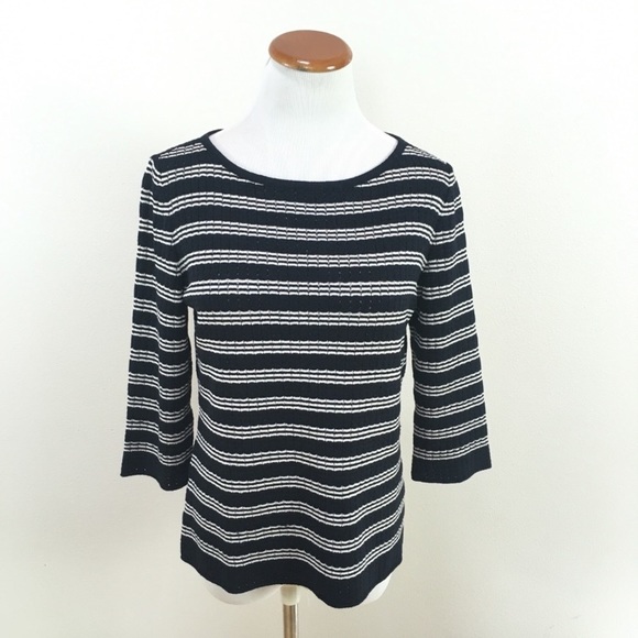 St.‎ John Striped 3/4 Sleeve Knit Blouse Black White Wool Blend Women’s Sz Small - Picture 1 of 6